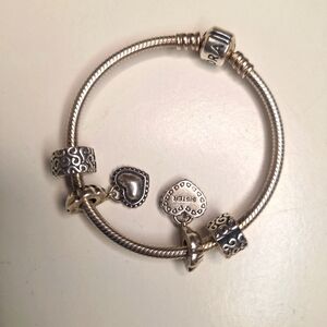 Pandora barrel clasp snake chain braclet 2 stoppers and my special sister charms